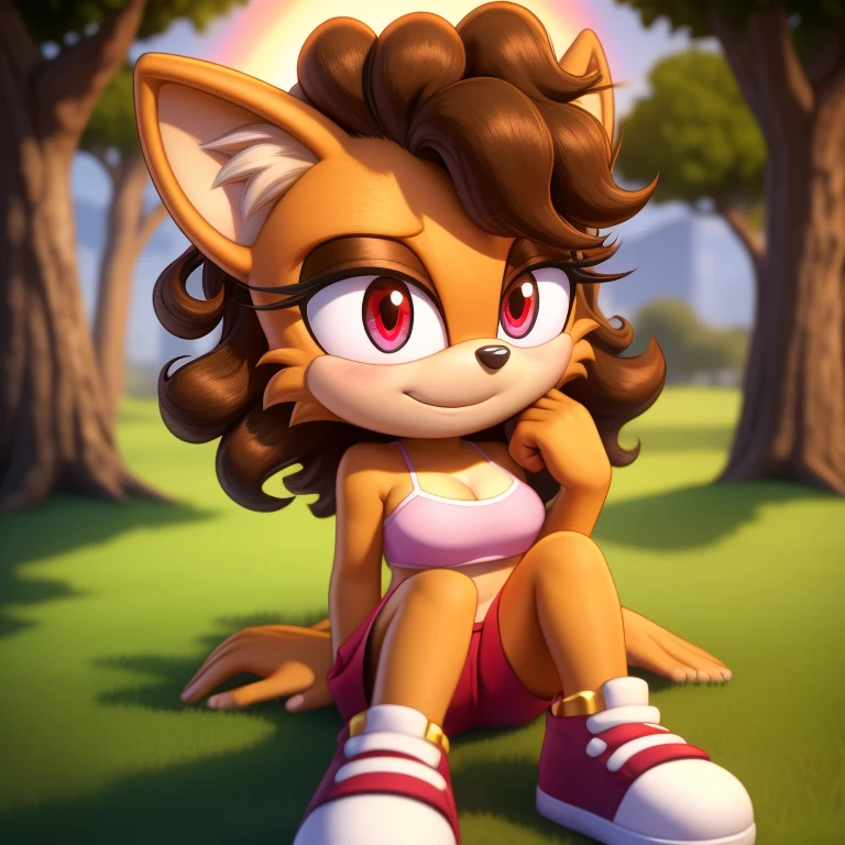 mobian, hedgehog, two-tone fur ((orange fur, brown fur)), pyjama elastic shorts, strapless crop top, cleavage, high-top sneakers, two-tone hair (brown hair, black tip)), curly hair, halo, sunglasses, jewelry, red eyes, longeyelashes, red eyes, smile, shy, blush, high detail, masterpiece, UHD, anatomically correct, super detail, highres, 4K