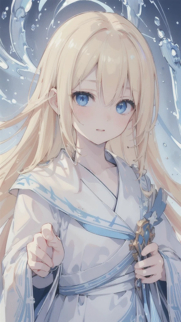 (best quality, ultra-detailed, realistic:1.37), (HDR, UHD), (studio lighting, sharp focus, professional), (portraits, anime),
A girl with blonde hair and blue eyes, detailed eyes, and pale skin, wearing a dark robe adorned with intricate patterns. Blue electric currents swirling around her body. A group of electric eels made of water flying around her.