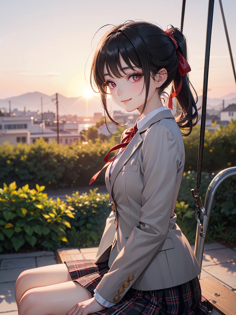 (masterpiece),(4K),high quality,(Perfect Anatomy),Flat Chest,1 high school girl,Grey blazer,Checkered Skirt,Red ribbon tie,Black hair ponytail,Pale skin,Beautiful smile,Beautiful and detailed red eyes,((Sidelong glance)), (Highly detailed elegant), Detailed skin,Dreamy and happy atmosphere, Bokeh, Silky to the touch, Hyper Detail,Soft pastel tones,Soft and warm lighting,sunset,Sitting on a swing,From the side