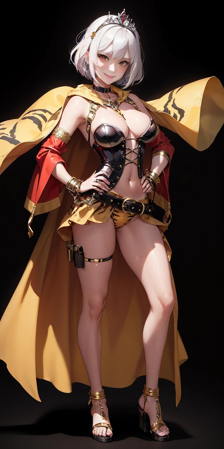 ((BLACK BACKGROUND 1:2, masterpiece)) 1solo female full body MILF BIMBO standing straight symmetrical with two long thighs and two metal sandals, red eyes like rubies, eye focus looking to the viewer, silver white hair, short bob style hair, big knockers breastplate, breastplate, cleavage, tiara royal, long cape up to two feet, yellow bikini (yellow tiger stripes), lustful smirking smiling, smile face (red blushed, red cheeks), pauldrons metal shoulders, gold sleeveless bracelets, separate sleeves, hands on waist hands OR hips, golden bracers, metal handcuffs, leather corset, red loincloth, black leather choker slave collar, shackles bracelets, slave red crest under navel, navel, big belt around waist OR hips, feet together, metal ankle, two long thighs and two metal sandals