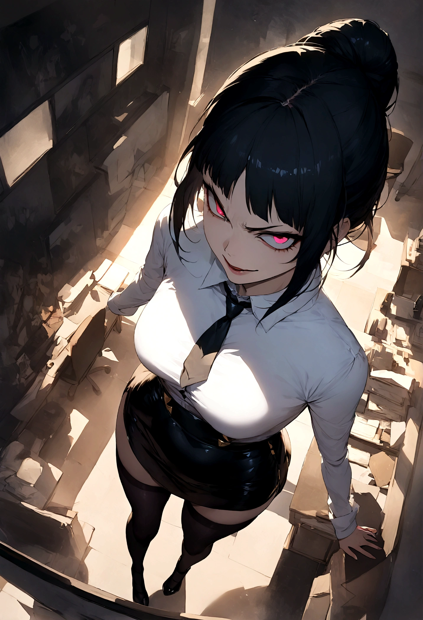 juri han, work of art, tight white secretary shirt with black tie, black high waist skirt, short skirt,stocking, black hair, black tights,evil smile,office,franja nos olhos,lighting,chifre de cabelos,view from above,olhando para cima
