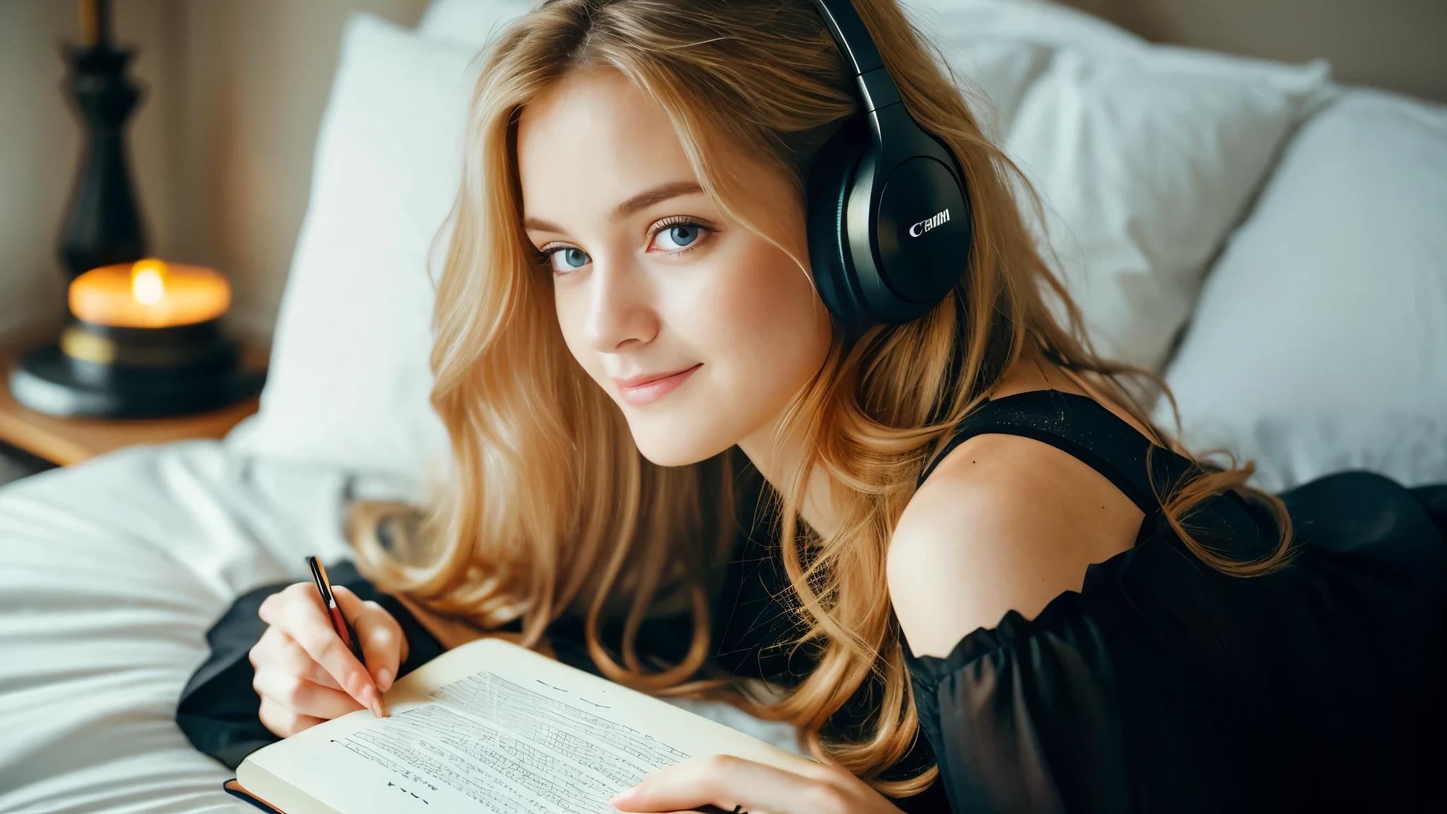 Beautiful blonde in a black dress (Reading a book in bed late at night),Wearing headphones,Very detailed, 21 years old, Innocent face, Naturally Wavy Hair, blue eyes, High resolution, masterpiece, highest quality, Intricate details, Very detailed, Clear focus, Delicate skin, practical skin texture, texture, Delicate eyes, Professional, 4K, Cute Smile, Shot with Canon, 85mm, Shallow and deep, Kodak Vision Color, Exactly, Very detailed, photograph_\(Extremist\), photographpractical, practical, Post-processing, Maximum details, Roughness, Real Life, Extremist practical, Photorealism, photographgraphy, 8K Ultra HD, photographgraphy