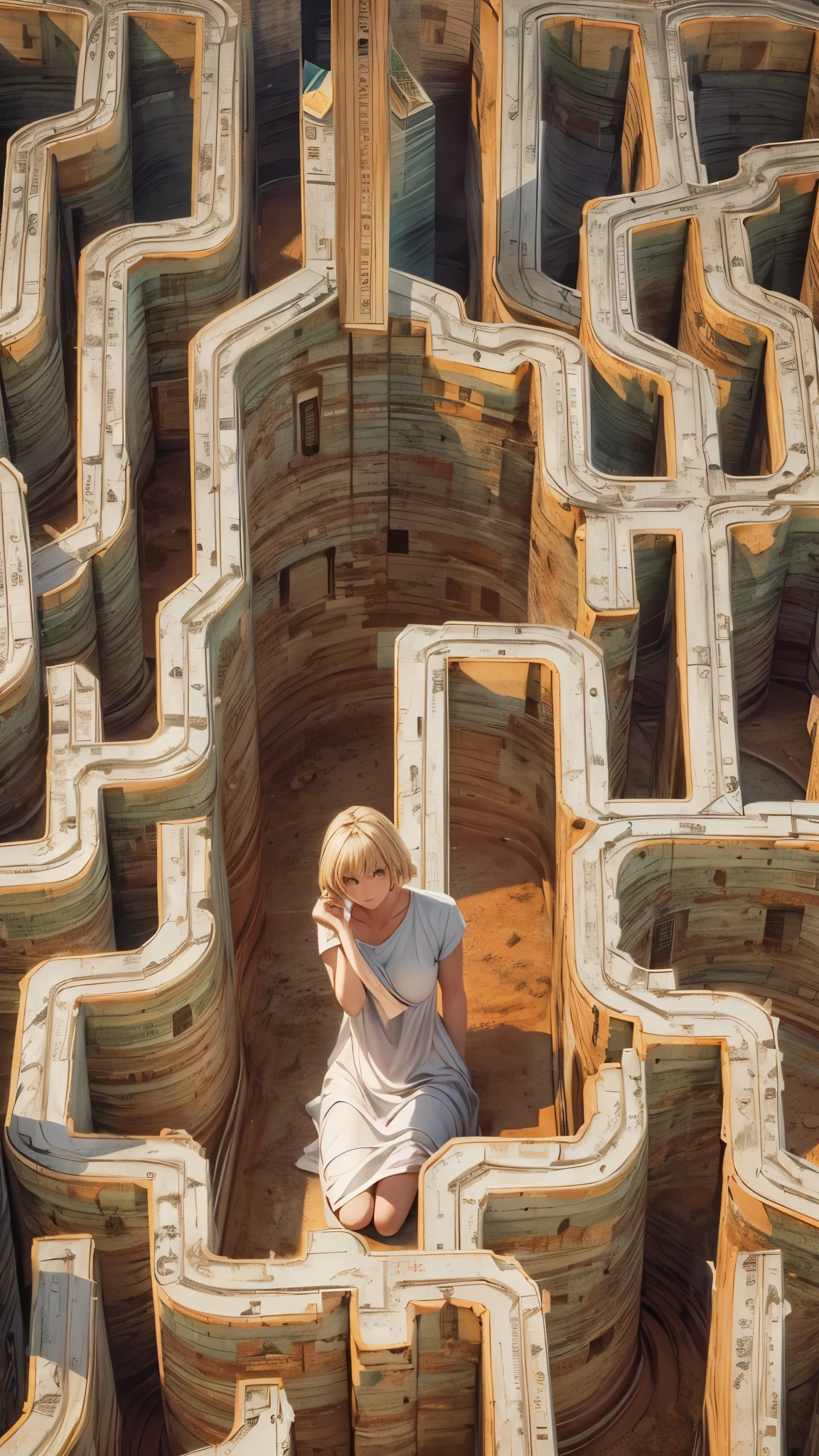 (highest quality,4K,High resolution,Super detailed,Realistic:1.2) In a closed huge maze,Remains,20-year-old woman,Blonde Short Hair,Sitting in a floating house