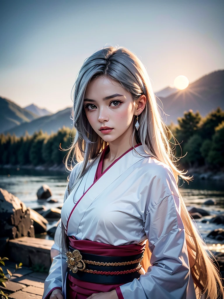 A beautiful young rosian woman with silver hair and smooth long hair, wearing a stylish white and red kimono, standing in a beautiful full moon scenery, protected by god, ready for battle, (best quality,4k,8k,highres,masterpiece:1.2),ultra-detailed,(realistic,photorealistic,photo-realistic:1.37),HDR,UHD,studio lighting,ultra-fine painting,sharp focus,physically-based rendering,extreme detail description,professional,vivid colors,bokeh,portraits,battle scenes、fallen Angel、valley