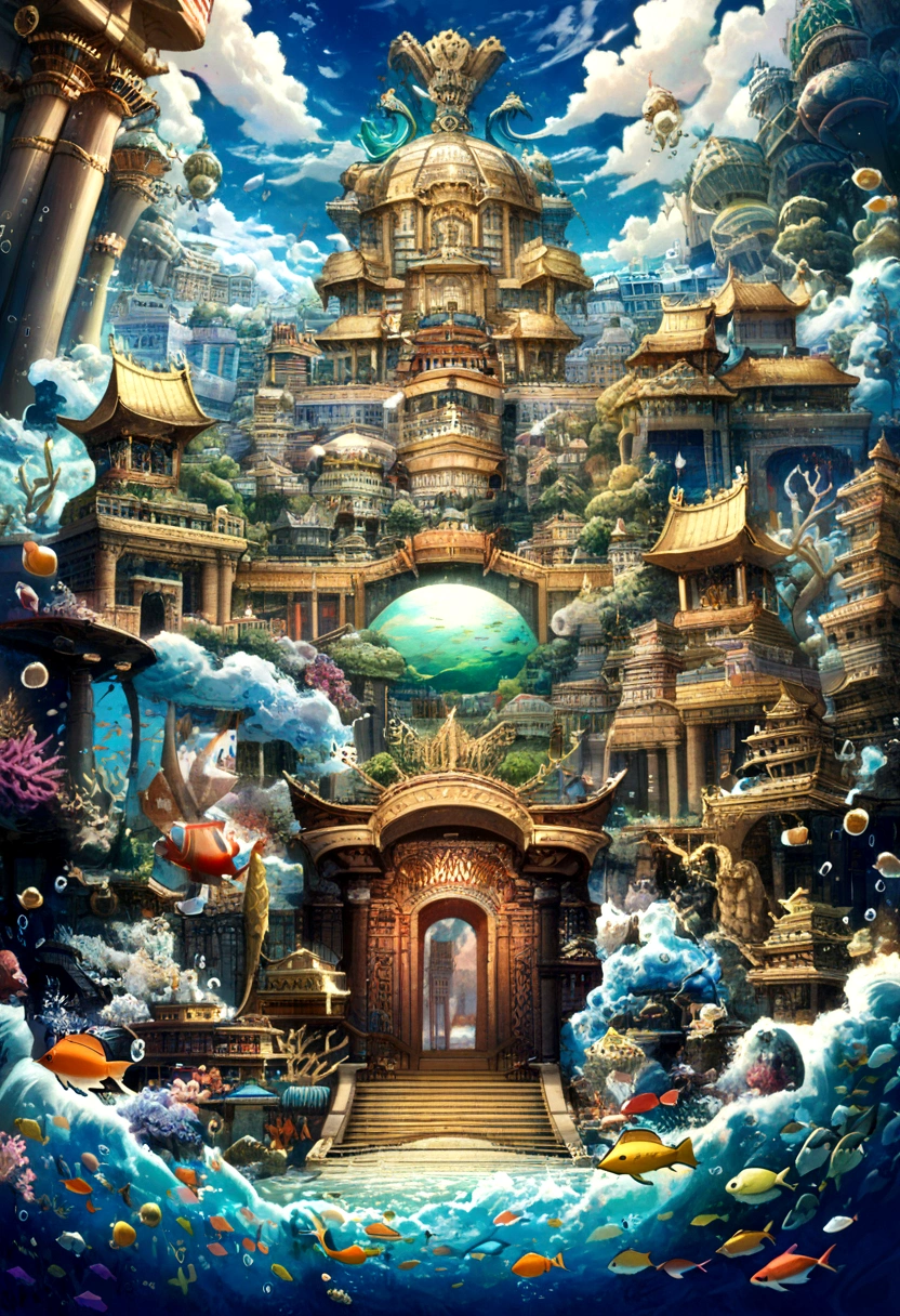 1. 中国myth, Dragon King of the East Sea, majestic, powerful, (deity:1.3), (serpentine:1.2), (Beard and Mustache:0.8), (Whiskers:0.9), (Huge size:1.5), scales, Vibrant colors, sparkling water, (Coral Reef:1.1), (Gold Crown:1.2), (Dragon throne:1.4), (Flowing robe:1.1), (Dragon beard ornament:1.3), (Emerald eyes:1.2), (Pearl necklace:1.2), (Golden Trident:1.4), (floating:1.1), (Sky Clouds:1.3), (Flashing bright lights:1.2), (rough waves:1.3), (A palace full of treasures:1.5), (School of colorful fish:1.2), (Underwater city:1.4), Gorgeous, myth, Gorgeous, Extensive and detailed, apart, Traditional Chinese architecture.