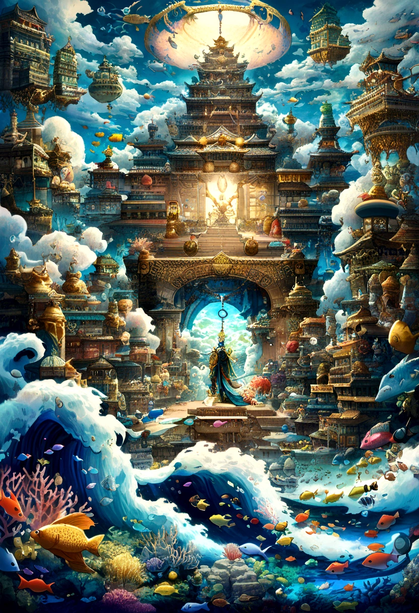 1. 中国myth, Dragon King of the East Sea, majestic, powerful, (deity:1.3), (serpentine:1.2), (Beard and Mustache:0.8), (Whiskers:0.9), (Huge size:1.5), scales, Vibrant colors, sparkling water, (Coral Reef:1.1), (Gold Crown:1.2), (Dragon throne:1.4), (Flowing robe:1.1), (Dragon beard ornament:1.3), (Emerald eyes:1.2), (Pearl necklace:1.2), (Golden Trident:1.4), (floating:1.1), (Sky Clouds:1.3), (Flashing bright lights:1.2), (rough waves:1.3), (A palace full of treasures:1.5), (School of colorful fish:1.2), (Underwater city:1.4), Gorgeous, myth, Gorgeous, Extensive and detailed, apart, Traditional Chinese architecture.