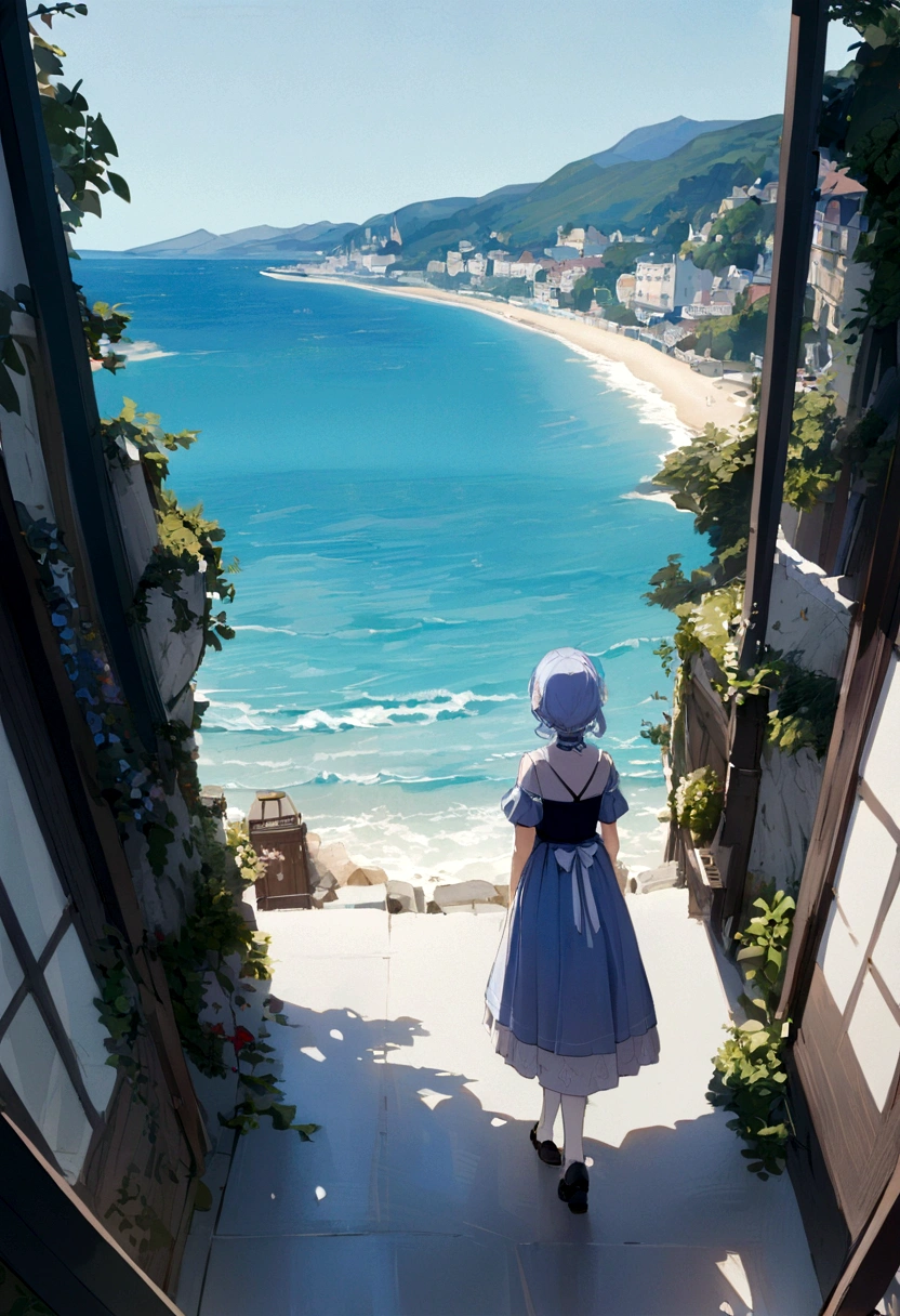 A girl looking at the sea from the inn's corridor、There's a train running on the sea