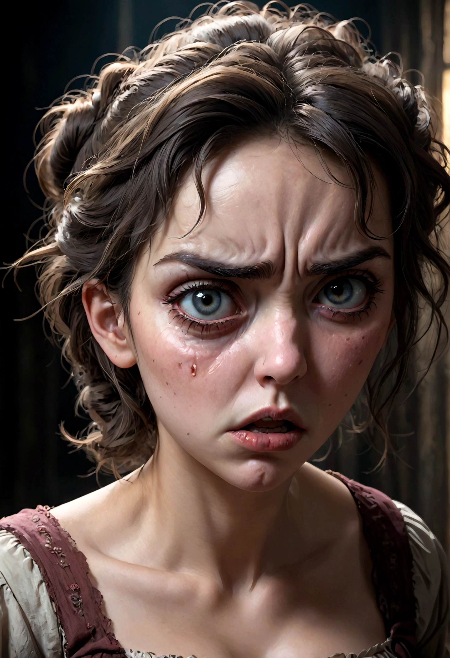 1girl, Disgusted Look, a disgusted woman with a scrunched up face, detailed eyes and lips, long eyelashes, expressive facial features, studio lighting, high quality, cinematic, hyperdetailed, dramatic lighting, cool color tones, gloomy atmosphere, horror, dark fantasy, masterpiece, best quality, very aesthetic, absurdres