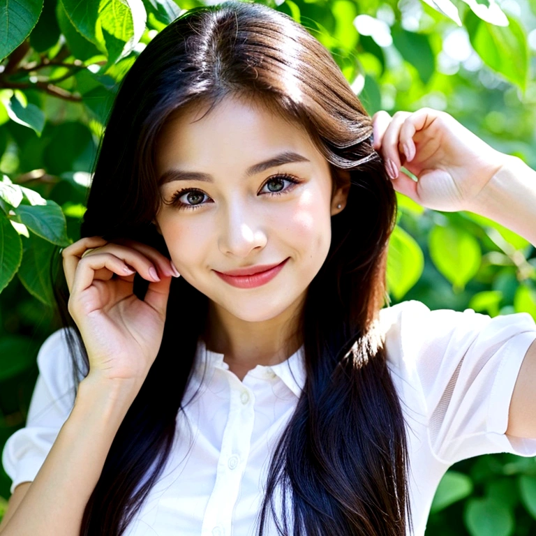 a girl 25 years old, long  straight black hair, blue eyes, smile, nice and kind, holding cucumber, white shirt with font, on top of tree, (show cheest), 
