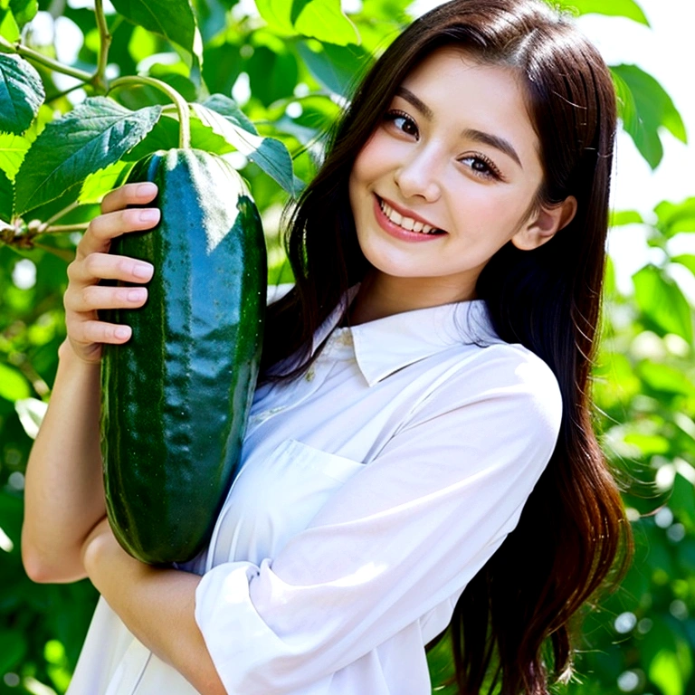 a girl 25 years old, long straight black hair, blue eyes, smile, nice and kind, holding cucumber, white shirt with font, on top of tree, (show cheest),