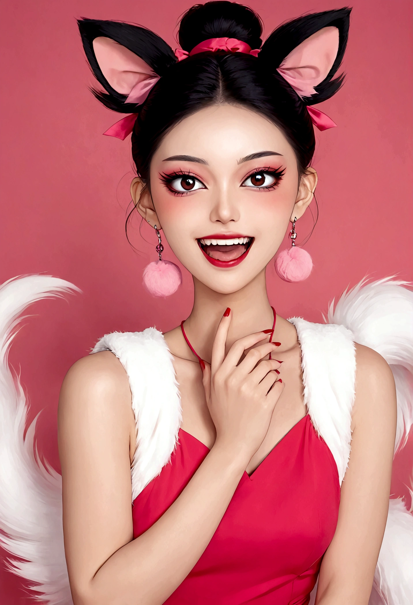 《Daji》Beautiful face,beautiful eyes,Pink Eyeshadow,laughing out loud,Fangs,(((9 big, fluffy tails))),Black high bun,Pink pompom earrings,Sexy red sleeveless dress,Beautiful hands with red nails