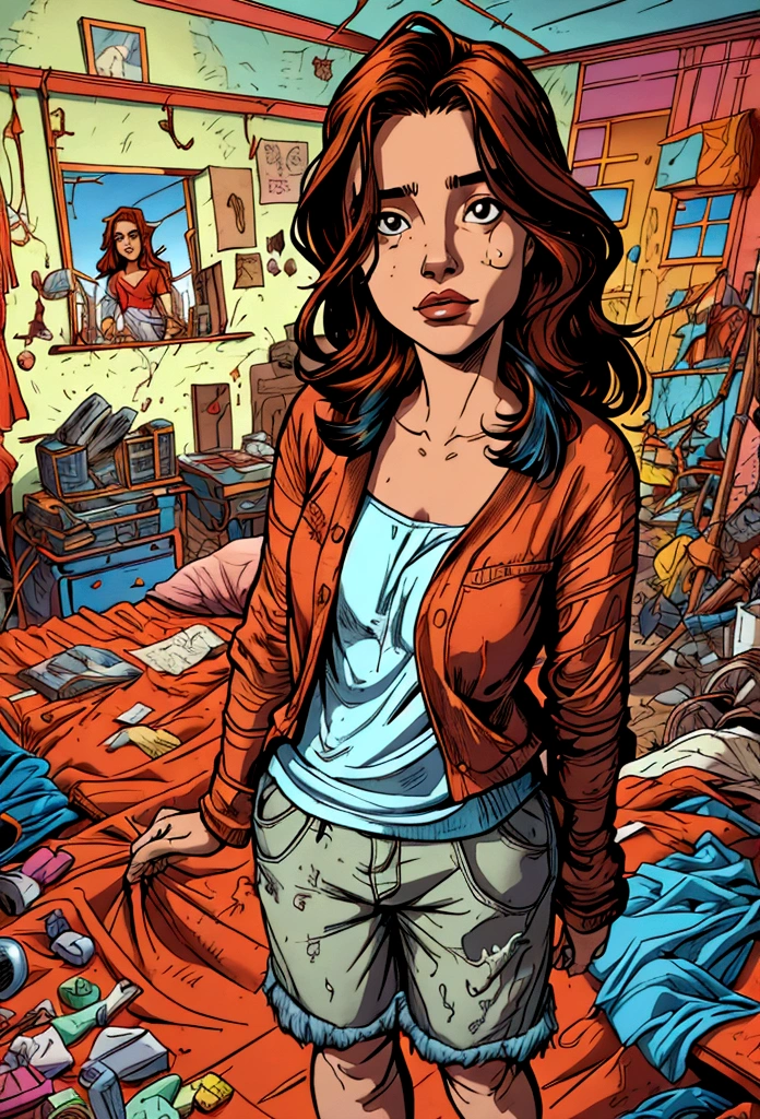 adolescente linda, maquiagem escura, cabelo liso com mechas roxas, rosto bonito, alta qualidade, tema escuro, Messy room in the background