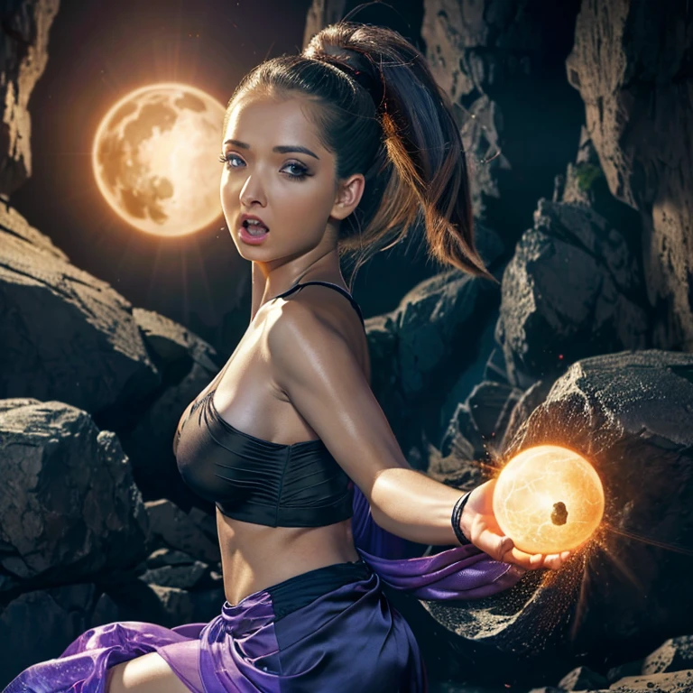 a woman with flowing sheer silk clothes, yelling as she summons a dragon ball, blasted moonscape, highly detailed, 8k, photorealistic, cinematic lighting, dramatic, powerful, energetic, athletic, young female, detailed face and eyes, flowing hair, dramatic pose, powerful energy, dragon ball, blasted moonscape, dramatic sky, glowing energy, cinematic, epic, stunning, masterpiece