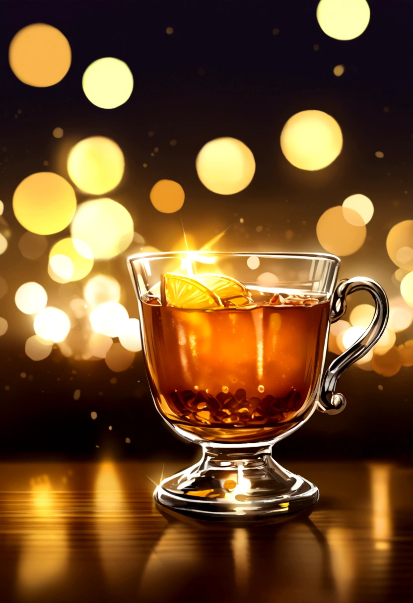 Attractive fruit tea cup, you want to drink it immediately, yellow color, classic style cup, night light with bokeh