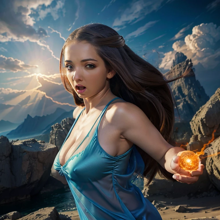 a woman with flowing sheer silk clothes, yelling as she summons a dragon ball, blasted moonscape, highly detailed, 8k, photorealistic, cinematic lighting, dramatic, powerful, energetic, athletic, young female, detailed face and eyes, flowing hair, dramatic pose, powerful energy, dragon ball, blasted moonscape, dramatic sky, glowing energy, cinematic, epic, stunning, masterpiece