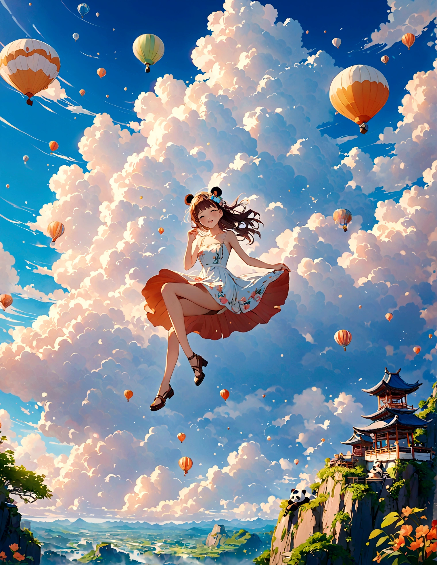 masterpiece, Top quality, Stills, A girl, (Floating in the air), cloud girl, cloud,bright, Happy, pleasure, soft light, Panda ears