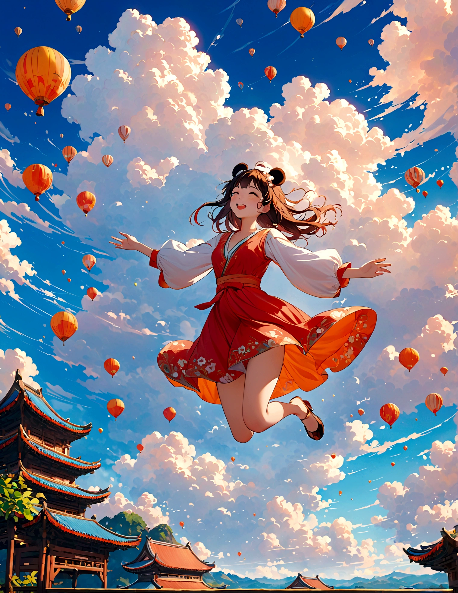 masterpiece, Top quality, Stills, A girl, (Floating in the air), cloud girl, cloud,bright, Happy, pleasure, soft light, Panda ears