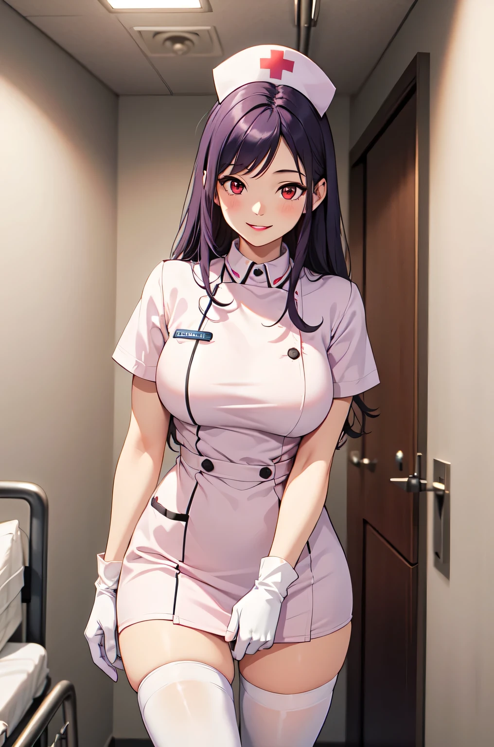 1woman, solo, nurse, white nurse cap, white nurse uniform, ((white legwear, zettai ryouiki)), white gloves, long hair, purple hair, red eyes, pink lips, smile, standing, ((hospital room)), sharp outline, short sleeves, mature female, 35 years old, best quality, masterpiece