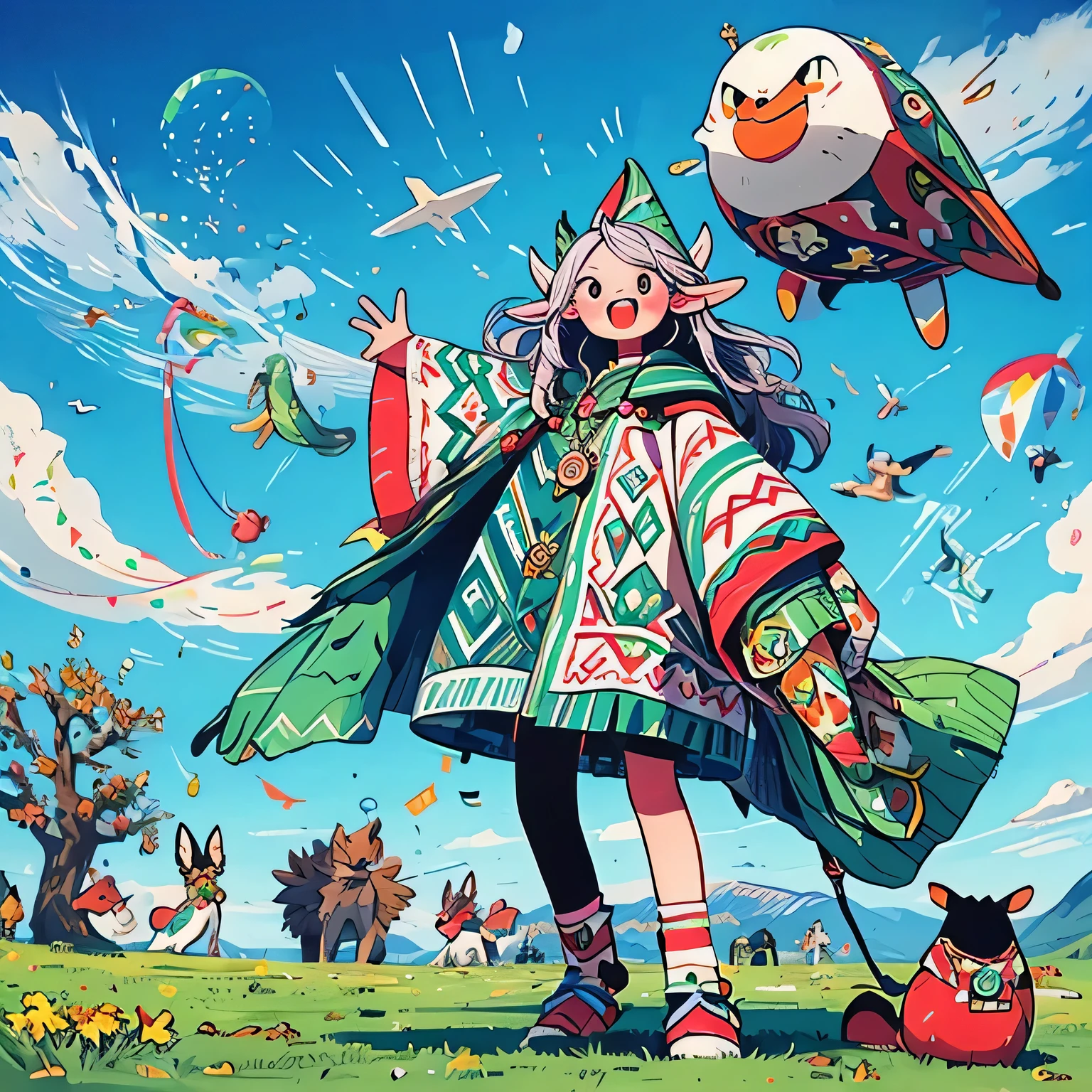 Digital elves are presented one by one，They behave more like lively and cheerful children.，I hope you can regenerate it based on my previous statement:A blue sky、White Cloud、sun、Lawn on a sunny day，There are many digital elves in this picture.，They sing or dance，Lying or standing，Some are playing on the lawn，Some are whispering，Some are flying kites，It turns out that the kite is a digital elf，There are digital elves hiding in the clouds，There is a digital elf on an apple tree on the lawn, stealing apples. A bitten apple is about to hit the sleeping digital elf.，The little red sun in the sky is actually the digital elf &quot;0&quot;(Require，Digital Elf only has 0、1、2、3、4、5、6、7、，Each sprite will appear only once，4k，Ultra HD