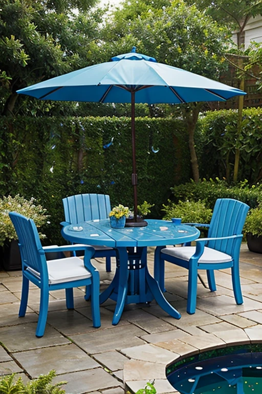 Draw garden furniture, covered with blue raindrops.