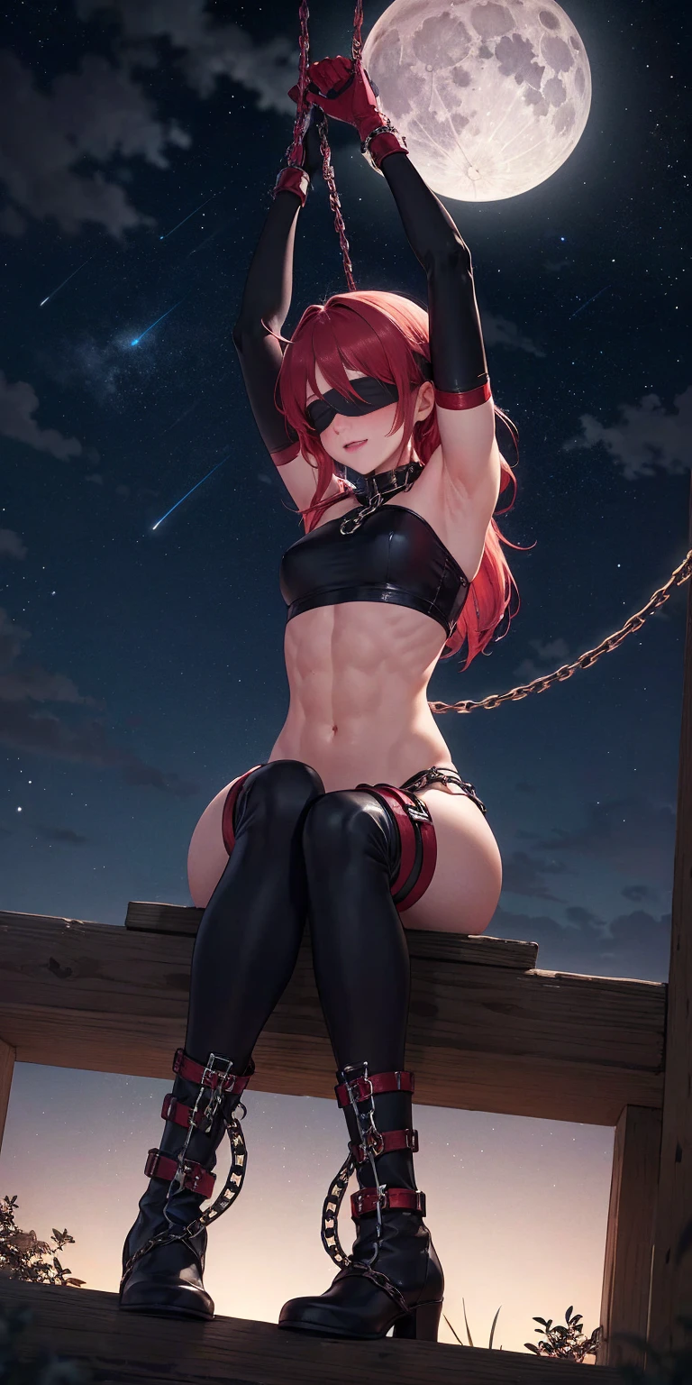 masterpiece, best quality, 1soloMILF BIMBO strong abs toned body gloves, red gloves gauntlets, slingshot, happy closed mouth red cheeks blushed, bare shoulders, closed mouth, boots, sky, black gloves, black footwear, blindfold, night sky, full moon, elbow gloves, armpits, arms up ((chain, bound, restrained:1.3)) sitting, wariza, night, starry sky, sky, cowboy shot, view from below, far shot