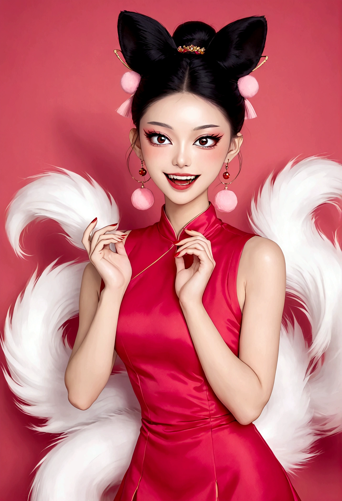 《Daji》Beautiful face,beautiful eyes,Pink Eyeshadow,laughing out loud,Fangs,(((9 big, fluffy tails))),Black high bun,Pink pompom earrings,Sexy red sleeveless Chinese dress,Beautiful hands with red nails