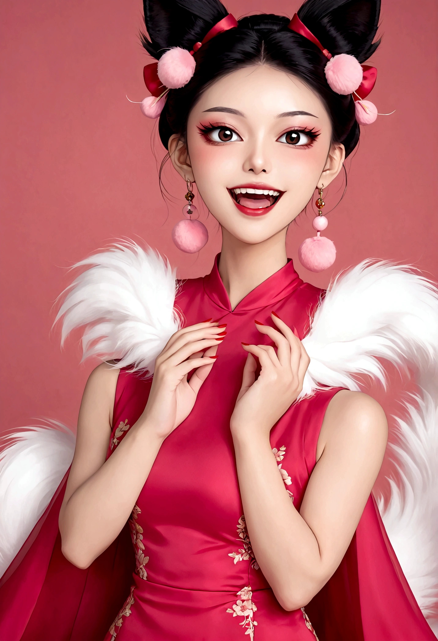 《Daji》Beautiful face，beautiful eyes，Pink Eyeshadow，laughing out loud，Fangs，(((9 big, fluffy tails)))，Black high bun，Pink pompom earrings，Sexy red sleeveless Chinese dress，Beautiful hands with red nails