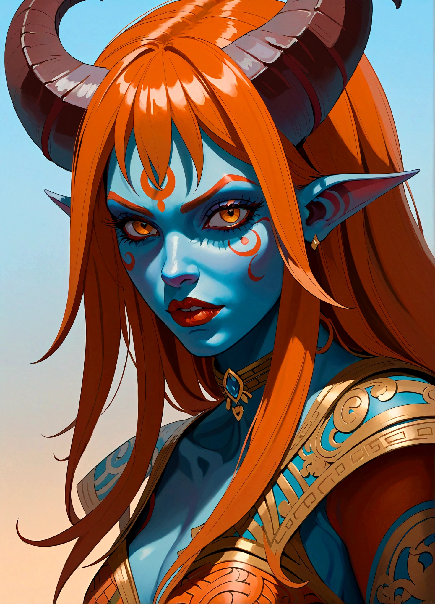 (((masterpiece))), (((best quality: 1.4))), ((Super Detail: 1.4)) , An extremely detailed gouache painting of a female tiefling, Disgusted look, angry, anger, Gorgeous exotic style, Amber neon eyes:1.5,  Orange Hair, Extremely detailed facial features, Expressive face, Detailed texture, Blue skin tone, Tattoo, Natural Skin Shader, Volumetric method, Warm undertones in the skin, Ultra-high resolution