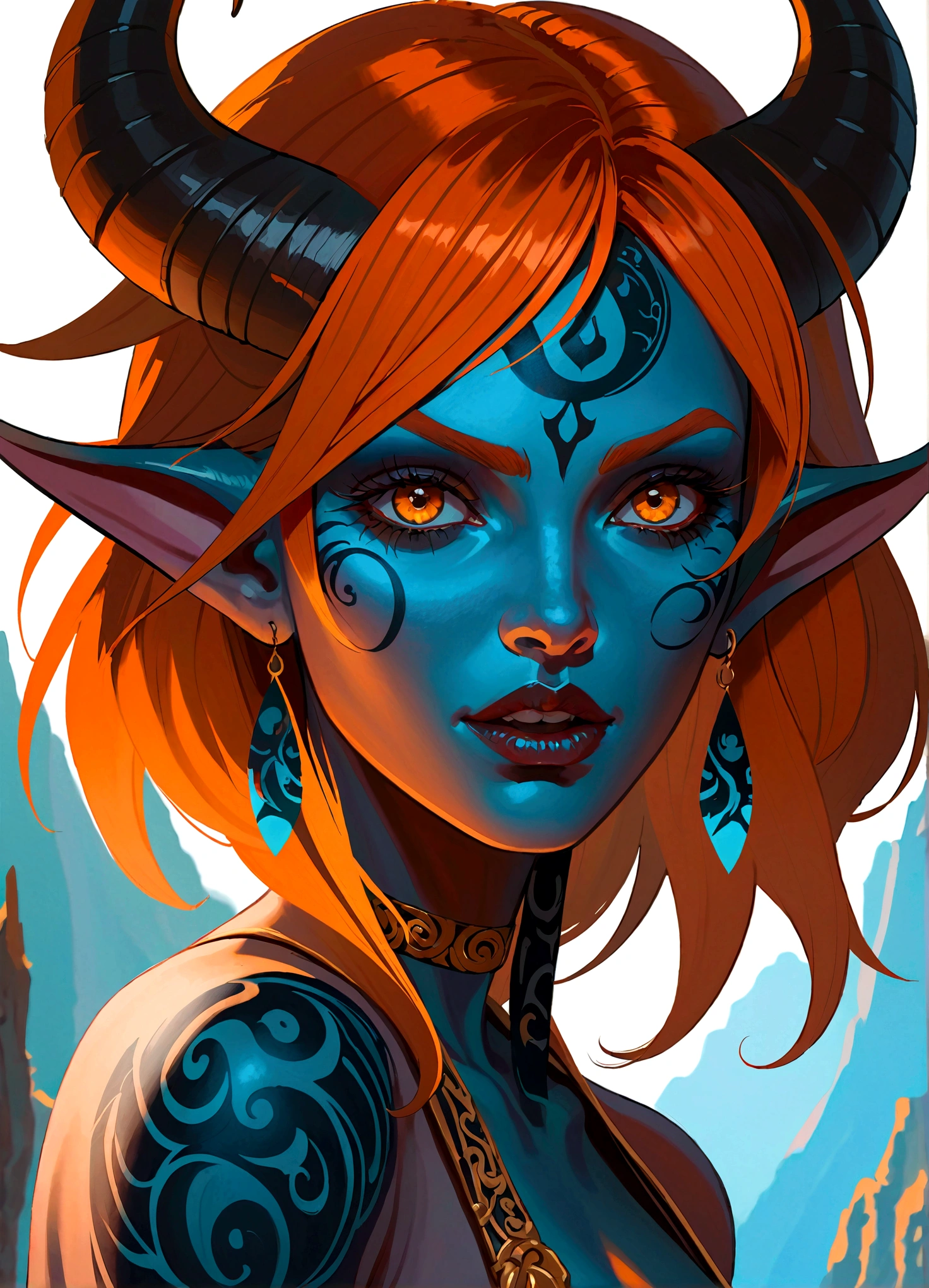 (((masterpiece))), (((Best quality: 1.4))), ((super detail: 1.4)) , hyper detailed gouache painting of a female tiefling, Gorgeous exotic features, Amber neon eyes:1.5,  orange hair, Hyper-detailed facial features, Expressive Face, detailed textures, blue skin tone, tattoos, natural leather shader, volume, warm tones under her skin, ultra high resolution