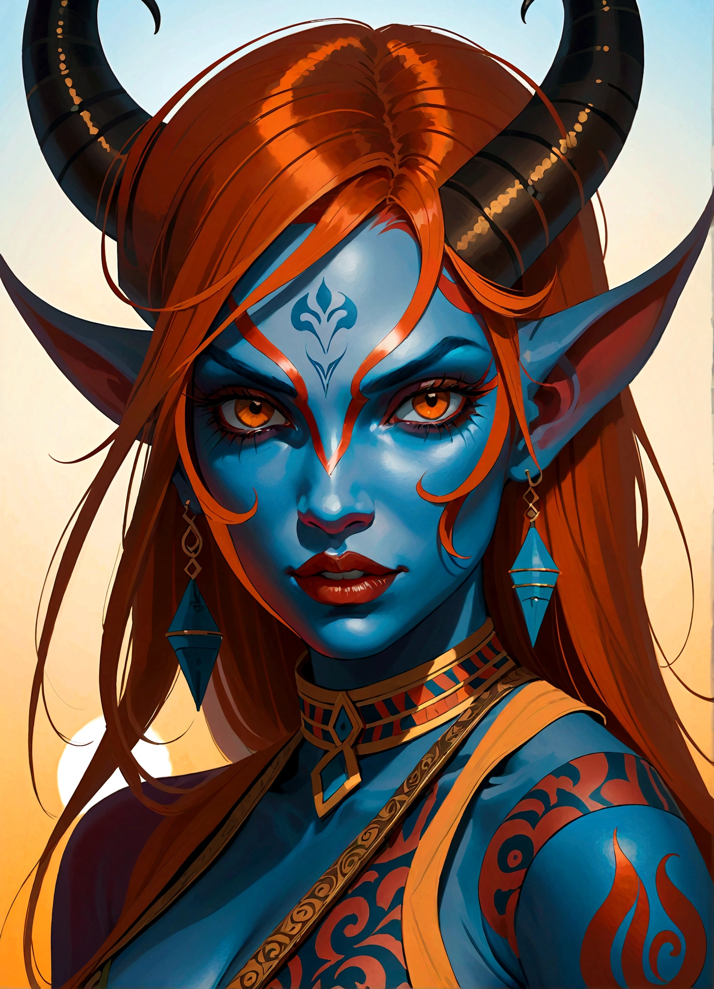 (((masterpiece))), (((best quality: 1.4))), ((Super Detail: 1.4)) , An extremely detailed gouache painting of a female tiefling, Disgusted look, angry, anger, Gorgeous exotic style, Amber neon eyes:1.5,  Orange Hair, Extremely detailed facial features, Expressive face, Detailed texture, Blue skin tone, Tattoo, Natural Skin Shader, Volumetric method, Warm undertones in the skin, Ultra-high resolution