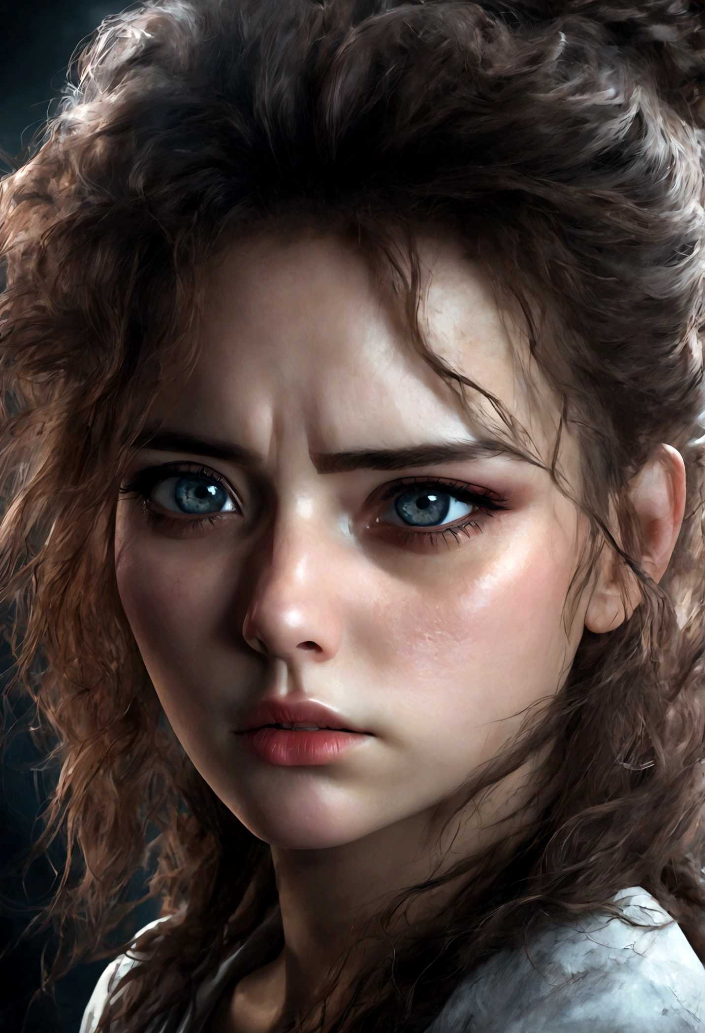 1girl, Disgusted Look, a disgusted woman with a scrunched up face, detailed eyes and lips, long eyelashes, expressive facial features, studio lighting, high quality, cinematic, hyperdetailed, dramatic lighting, cool color tones, gloomy atmosphere, horror, dark fantasy, masterpiece, best quality, very aesthetic, absurdres
