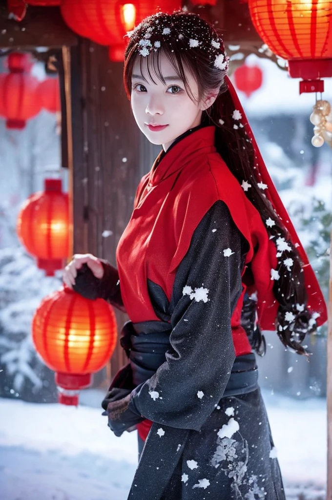 Female ninja、Fantasy、Future、beautiful、１００Light of red lanterns、Snow Country