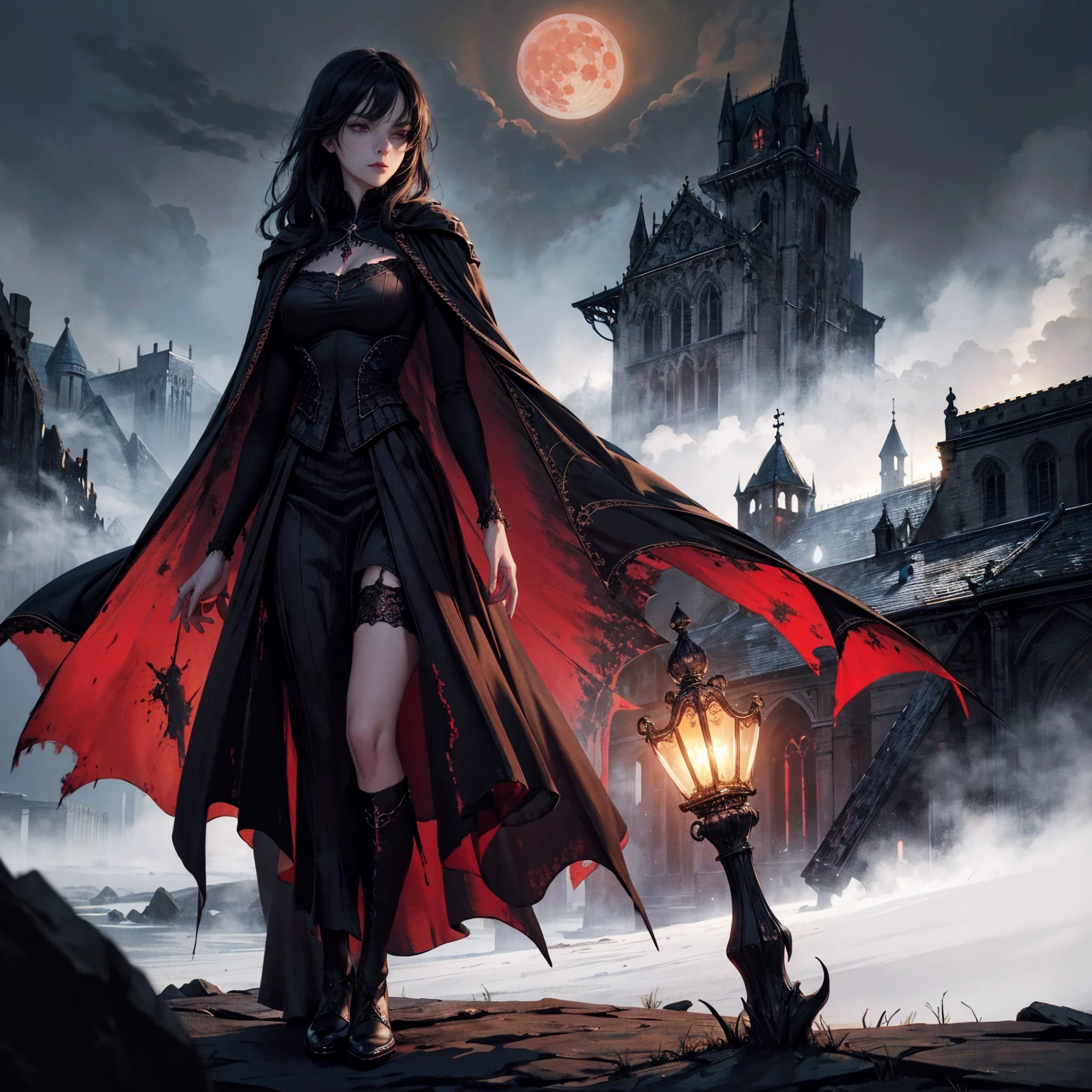 fantasy art, gothic art, (masterpiece:1.5), full body best details, highly detailed, best quality, highres, full body portrait of a vampire, elf (1.6, Masterpiece, best quality), ultra feminine, wizard, (1.4 intricate details, Masterpiece, best quality) with a long curvy hair, light color hair, blue eyes, (fantasy art, Masterpiece, best quality), ((beautiful delicate face)), Ultra Detailed Face (1.6 intricate details, fantasy art, Masterpiece, best quality), [[visible vampiric fangs]] (1.5 intricate details, fantasy art, Masterpiece, best quality), red cloak, flowing cloak (1.4 intricate details, fantasy art, Masterpiece, best quality), wearing an intricate black dress (1.4 intricate details, fantasy art, Masterpiece, best quality), high heeled boots, urban background (intense details, beat details), fantasy, at night light, natural ,moon light, clouds, gothic atmosphere, soft light, dynamic light, [[anatomically correct]], high details, best quality, 8k, [ultra detailed], masterpiece, best quality, (extremely detailed), dynamic angle