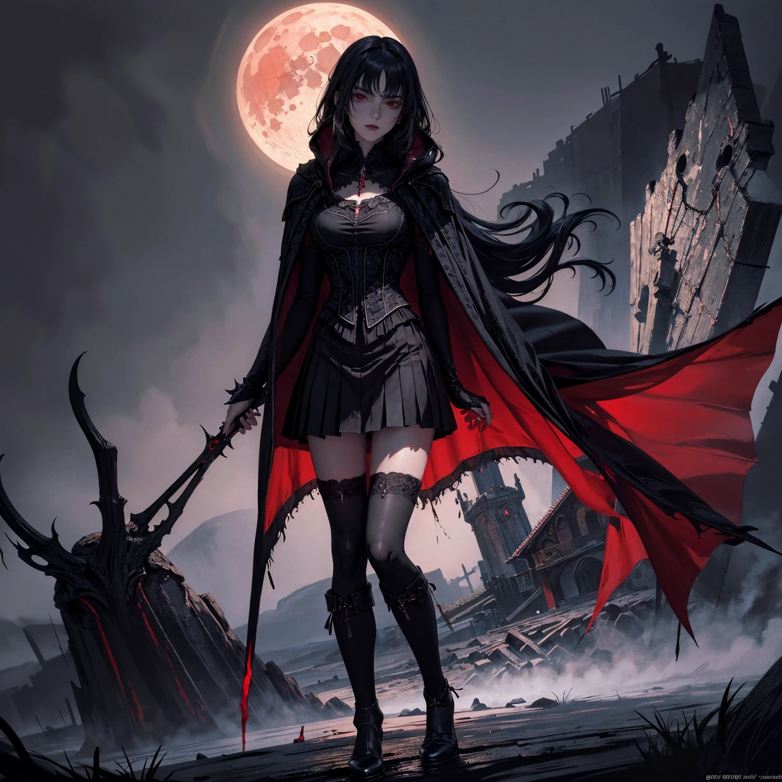 best quality, 4k, high resolution, masterpiece:1.2, Very detailed, actual:1.37, Mood lighting, Girl in a cloak, Wearing a gothic skirt that shows a little skin above the chest, Dangerous sneer, Black Hair, Standing, Crucified, Pitch black sky, Blood-red moon, strange atmosphere, Gothic style, Unforgettable beauty, Dramatic shadows, Ethereal Light, Mysterious atmosphere.