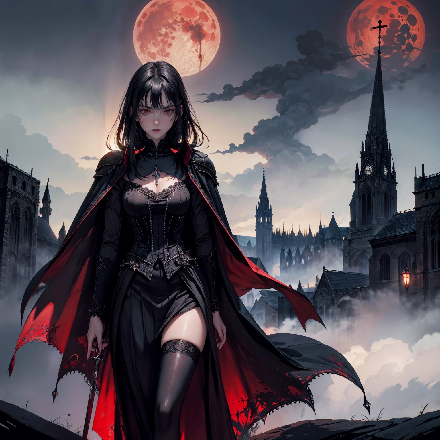 best quality, 4k, high resolution, masterpiece:1.2, Very detailed, actual:1.37, Mood lighting, Girl in a cloak, Wearing a gothic skirt that shows a little skin above the chest, Dangerous sneer, Black Hair, Standing, Crucified, Pitch black sky, Blood-red moon, strange atmosphere, Gothic style, Unforgettable beauty, Dramatic shadows, Ethereal Light, Mysterious atmosphere.