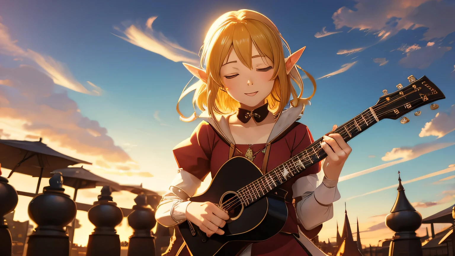 Anime Style,middle ages,A lively bar with lots of people,Beautiful sky,Beautiful bard elf girl with closed eyes,guitar