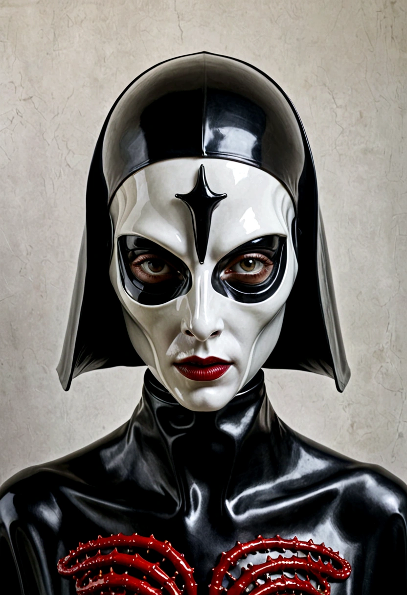 Tiro de medio cuerpo, hyperrealism photography, Beautiful model with avant-garde gelatin xenomorphic nun mask, cubierto de sangre, Renderizado de octanaje