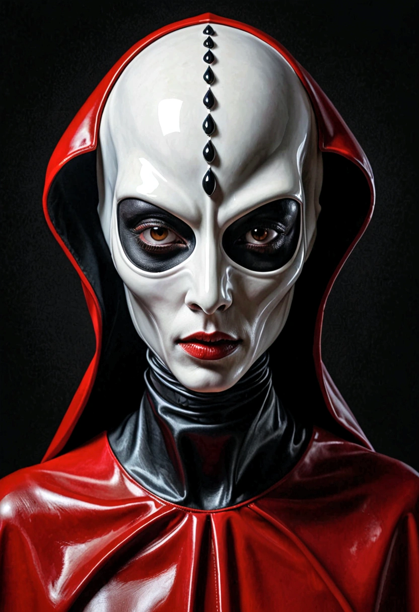 <lora:abstractor_yiu_v10:0.5>, a closeup woman with black hair wearing a white mask, glowing neon vray, character design gothic, death and robots, elfpunk, fuschia skin, satan daughter, sacred skulls, goddess of space and time, red neon light, hollow
