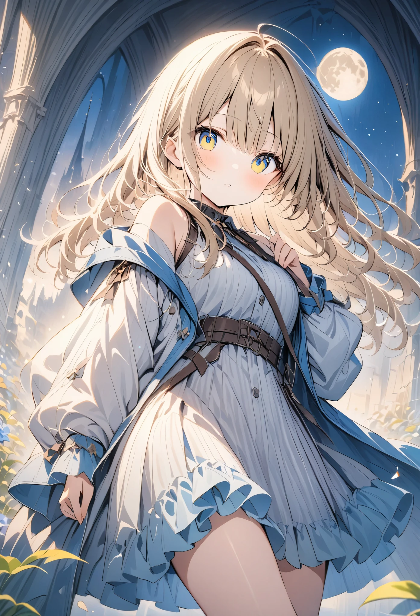 (masterpiece:1.2),(anime),Big moon in the background、Night Sky、Girl watching the moon、cute、The girl is illuminated by the moonlight、Fantastic works、Light effects、Light color