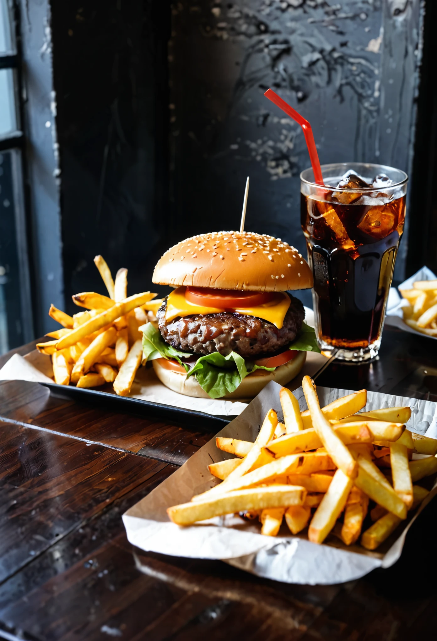 burger, fries, glass of cola, on a table