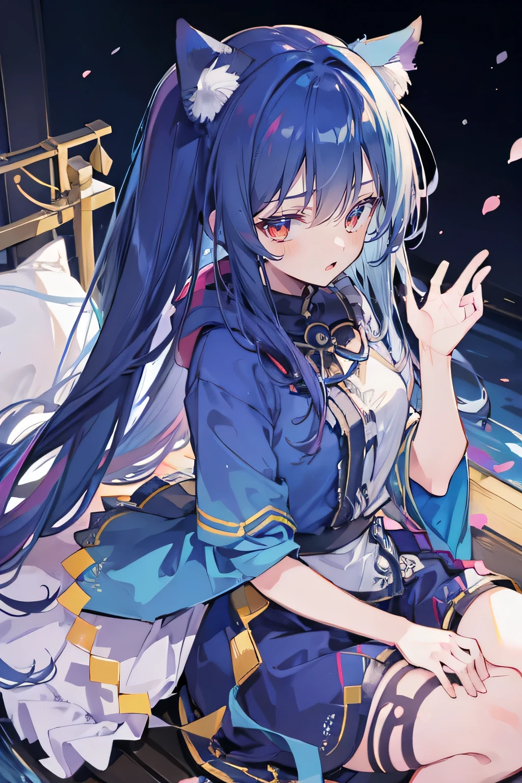 (masterpiece:1.2),Super detailed,lifelike,Expressive eyes,fair skin,perfect face shape,1 girl,
Japanese comics,Gorgeous blue hair,flowing blue hair,flowing clothes,Cat ears,Petals fall,beautiful lola,Baby Angel,
Shaking head with one hand,Cross your legs,Gentle and peaceful background,The pavilion is cool and comfortable,smile, wearing hoodie, background of tokyo,back views,snowing, winter,lie on the water.(Best Quality: 1.3), (Masterpiece: 1.3), (Illustration: 1.3), (Ultra Detailed: 1.3), (Imide Lens: 0.9), 1girl, Medium Breasts, Purple Eyes, ((Dark Blue Hair) ), hair accessories, young, clothing-gladiia, long hair, dark blue hair, indoors, black shorts, high socks, low ponytail, expressionless, upper body, close-up, coat, skirt,