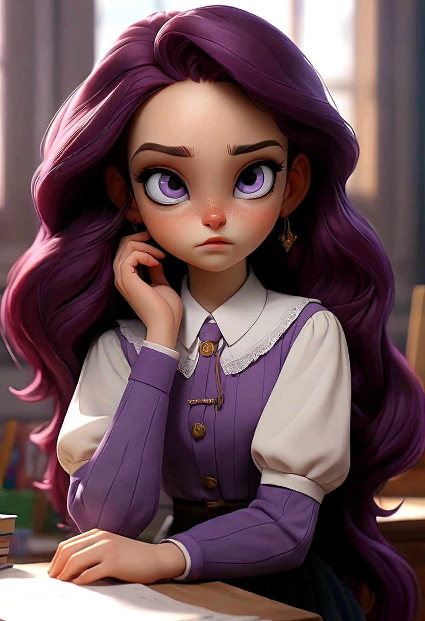 Best quality, masterpiece, Ultra-high resolution, realistically, 1 girl,(Gorgeous long purple hair),Heterochromia,sit at your desk,hands on cheeks,Look out the window,(black collar),(Student Kit),Purple stockings,Classroom,wide angle