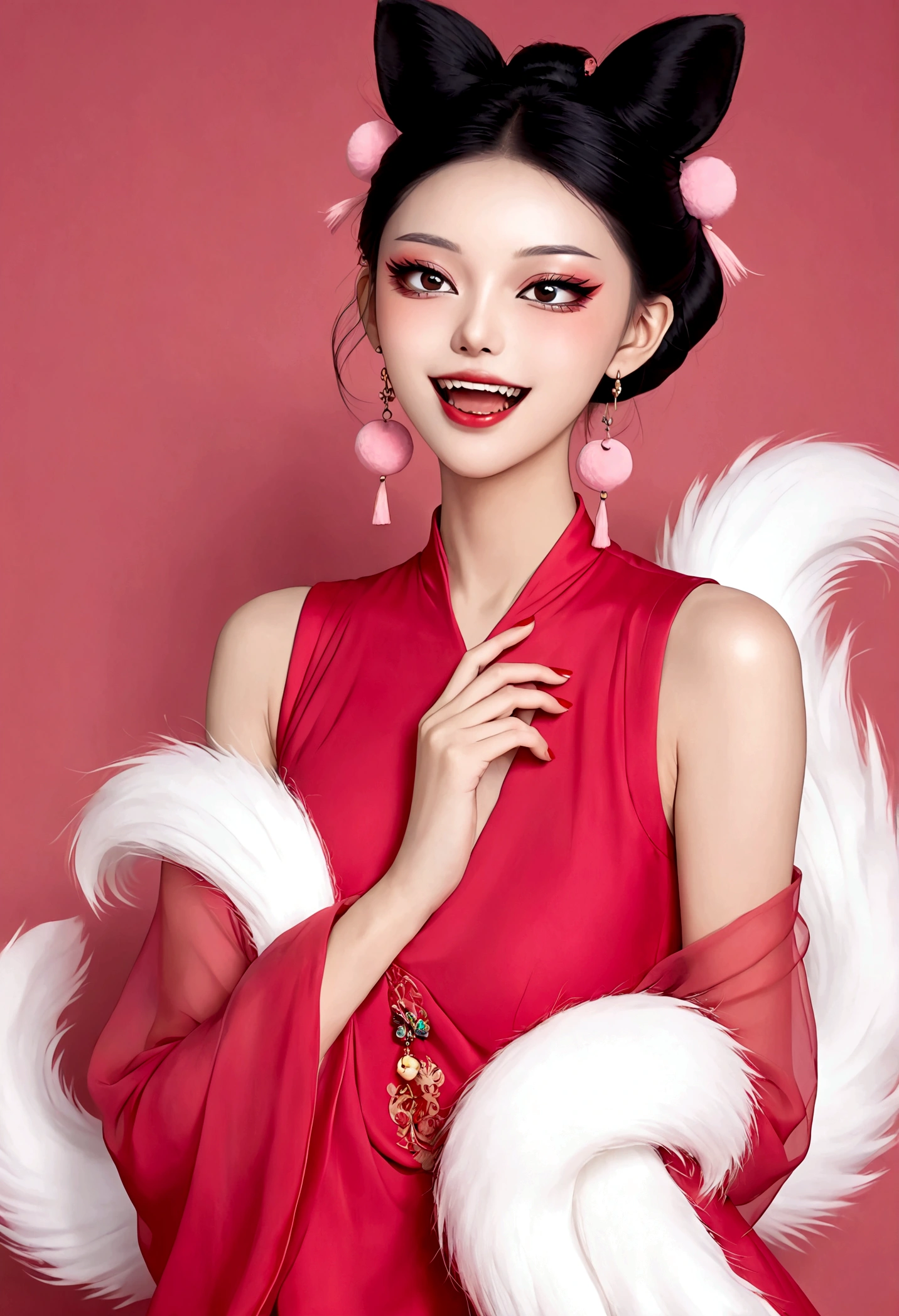 《Daji》Beautiful face,beautiful eyes,Pink Eyeshadow,laughing out loud,Fangs,(((9 big, fluffy tails))),Black high bun,Pink pompom earrings,Sexy red sleeveless Chinese dress,Beautiful hands with red nails