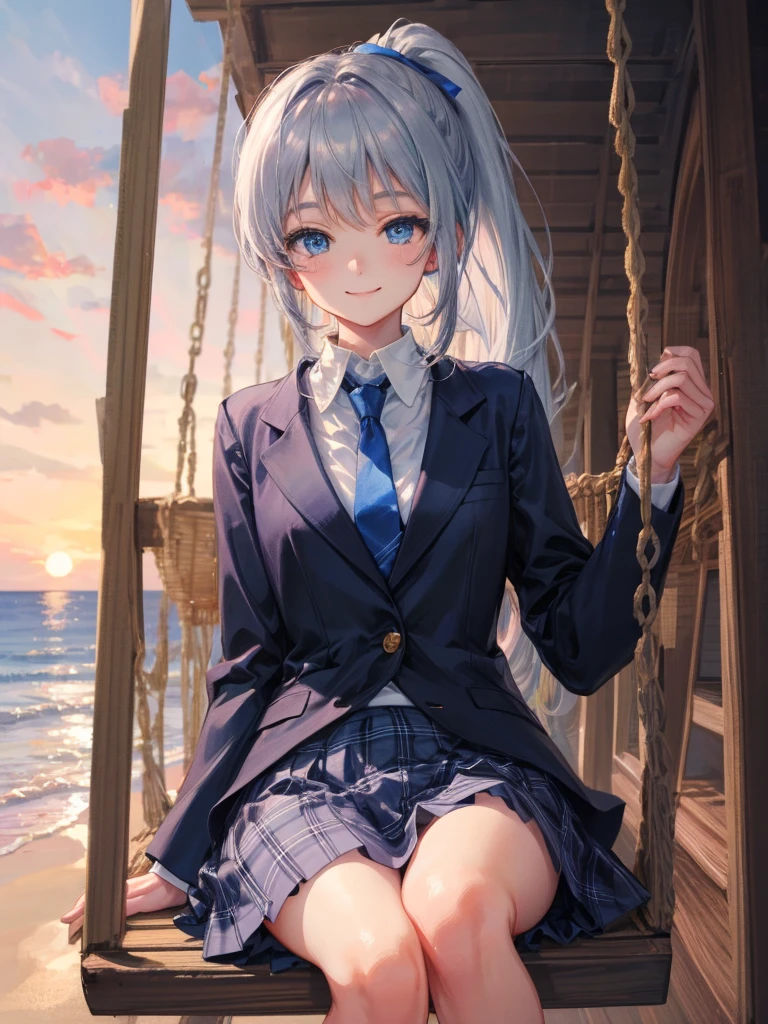 art：Cornflower,(masterpiece),(4K),high quality,(Perfect Anatomy),Flat Chest,((1 high school girl)),Grey blazer,Plaid blue skirt,Blue ribbon tie,Silver hair ponytail,Pale skin,A fun and happy smile,Beautiful and exquisite blue eyes,((Sidelong glance)), (Highly detailed elegant), Detailed skin,Dreamy and happy atmosphere, Bokeh, Silky to the touch, Hyper Detail,Soft pastel tones,Soft and warm lighting,sunset,Sitting on a swing