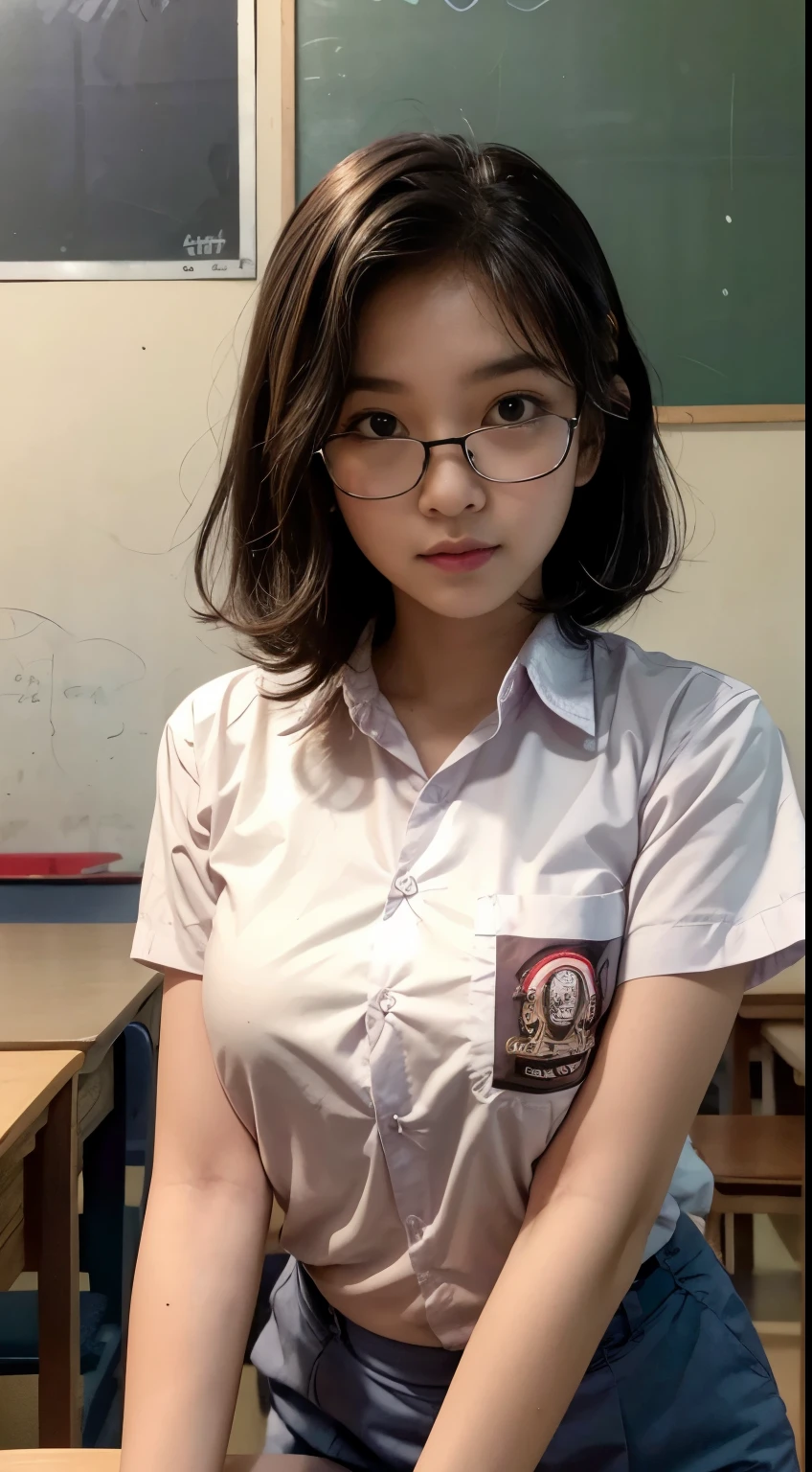 RAW, Best quality, high resolution, masterpiece: 1.3), Beautiful young indonesian girl with short wavy hair, eyeglass, sex pose, sensual body, on a top of table of class room, ((senior high school clothes)), orgasm, highres, 4k, HDR, 1girl, photorealistic, realistic, big breasts, short wavy hair, ((whole body)), class-room,