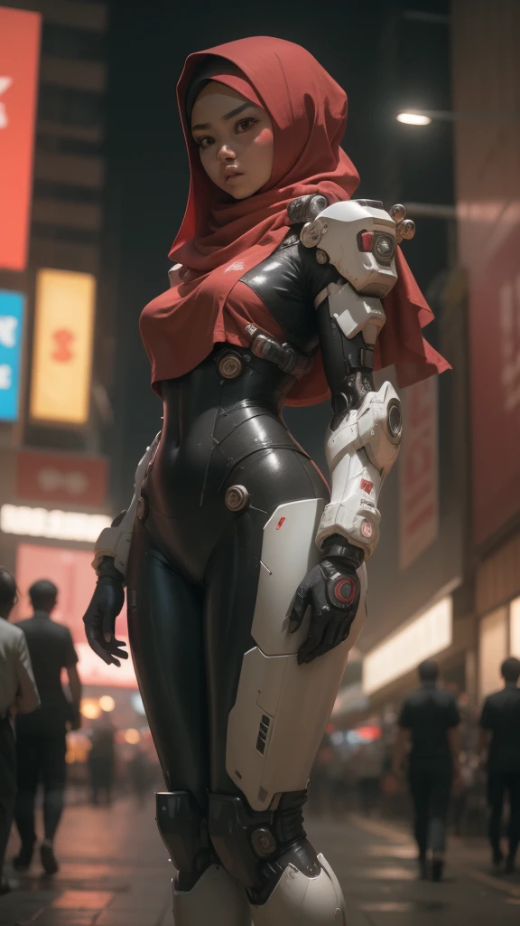 a malay age girl in hijab and mecha suit standing in action in front of bustling kuala lumpur malaysia city streets, serious face, nighttime, 35mm lens, Extreme close-up, pastel color grading, depth of field cinematography effect, film noir genre, 8k resolution, high quality, ultra detail