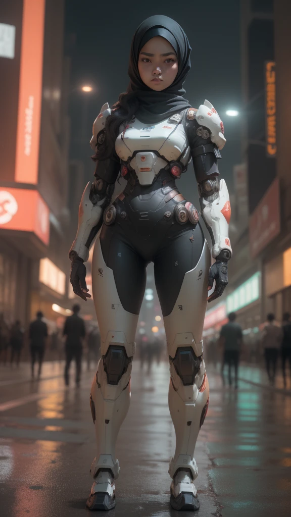 a malay age girl in hijab and mecha suit standing in action in front of bustling kuala lumpur malaysia city streets, serious face, nighttime, 35mm lens, Extreme close-up, pastel color grading, depth of field cinematography effect, film noir genre, 8k resolution, high quality, ultra detail