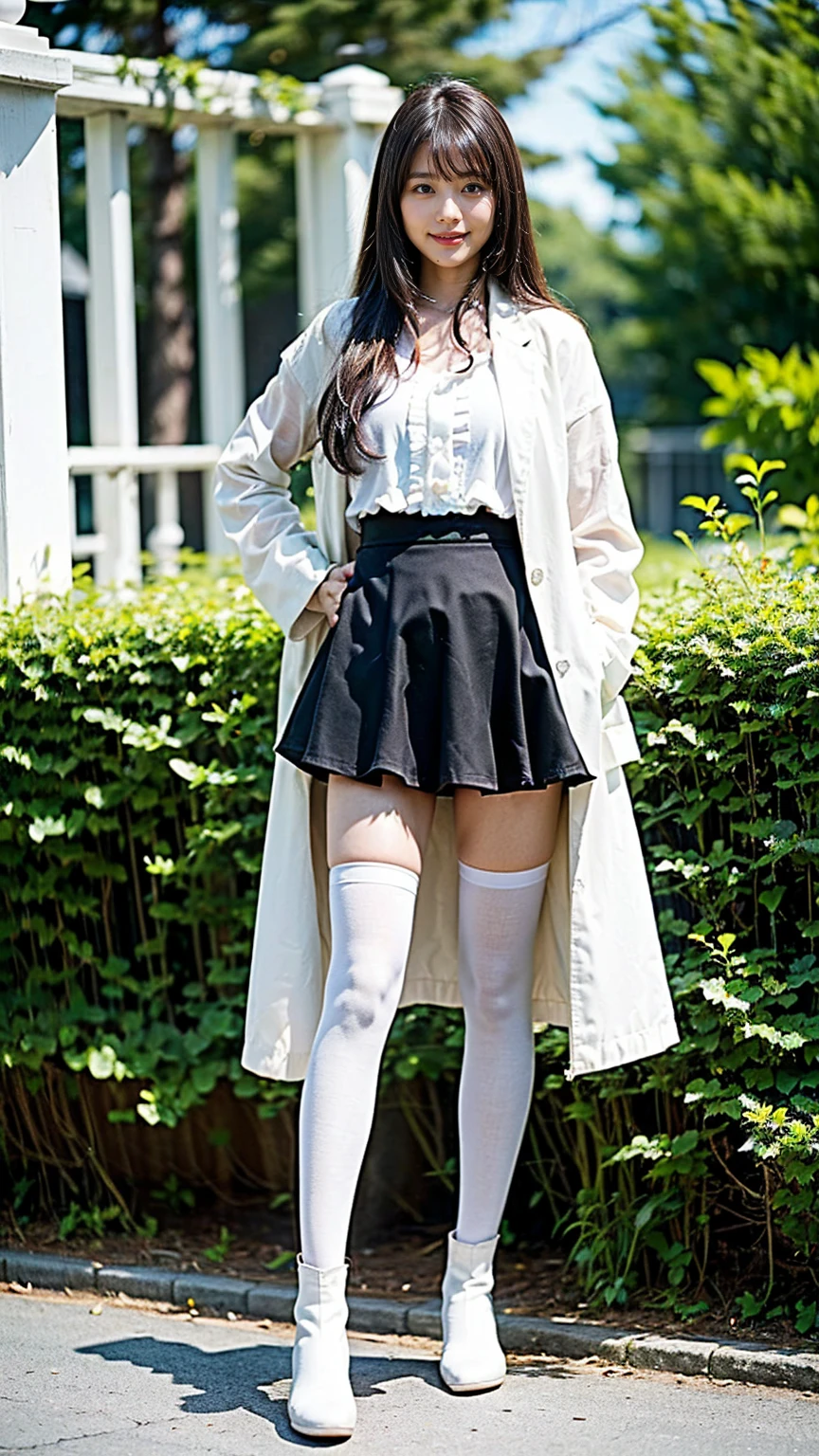 (8k、RAW Photos、highest quality、masterpiece:1.2)、(Realistic、Realistic)、1 girl、((garden、White coat、smile、Large Breasts、Black Mini Skirt、tights、See-through、Frills、Semi-long hair、boots、Facing forward、Standing with hands on hips))、