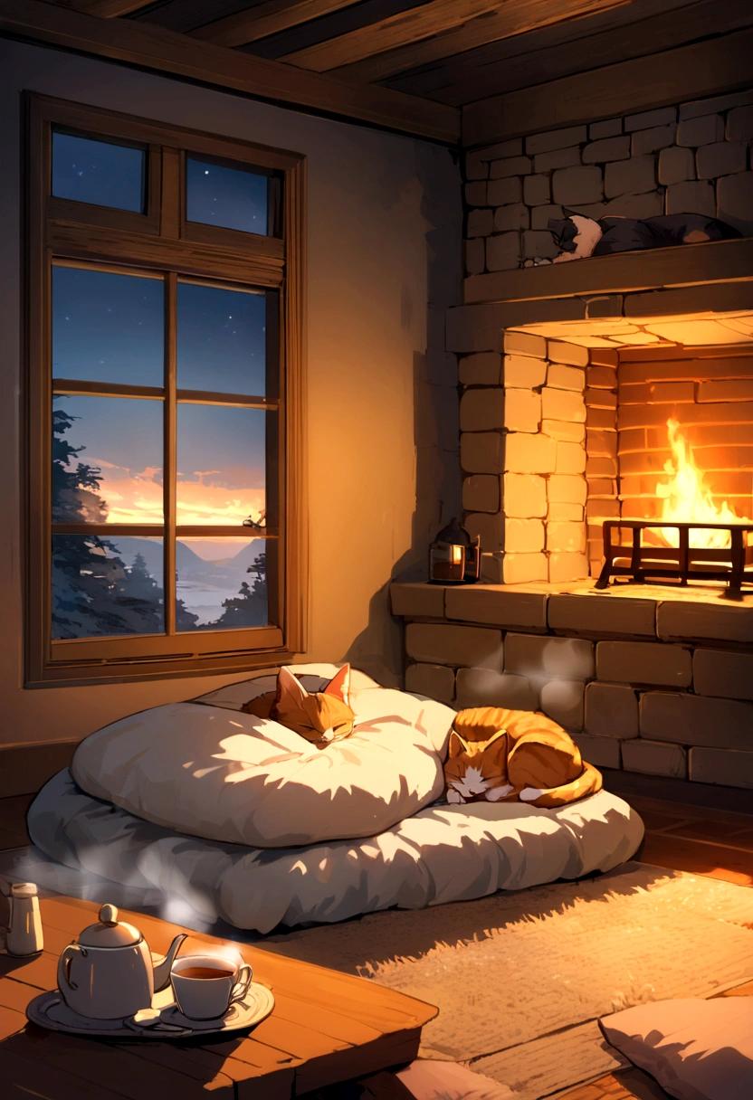 Fireplace at the end of the night, cat sleeping, Cup of tea with steam, Beautiful landscape window