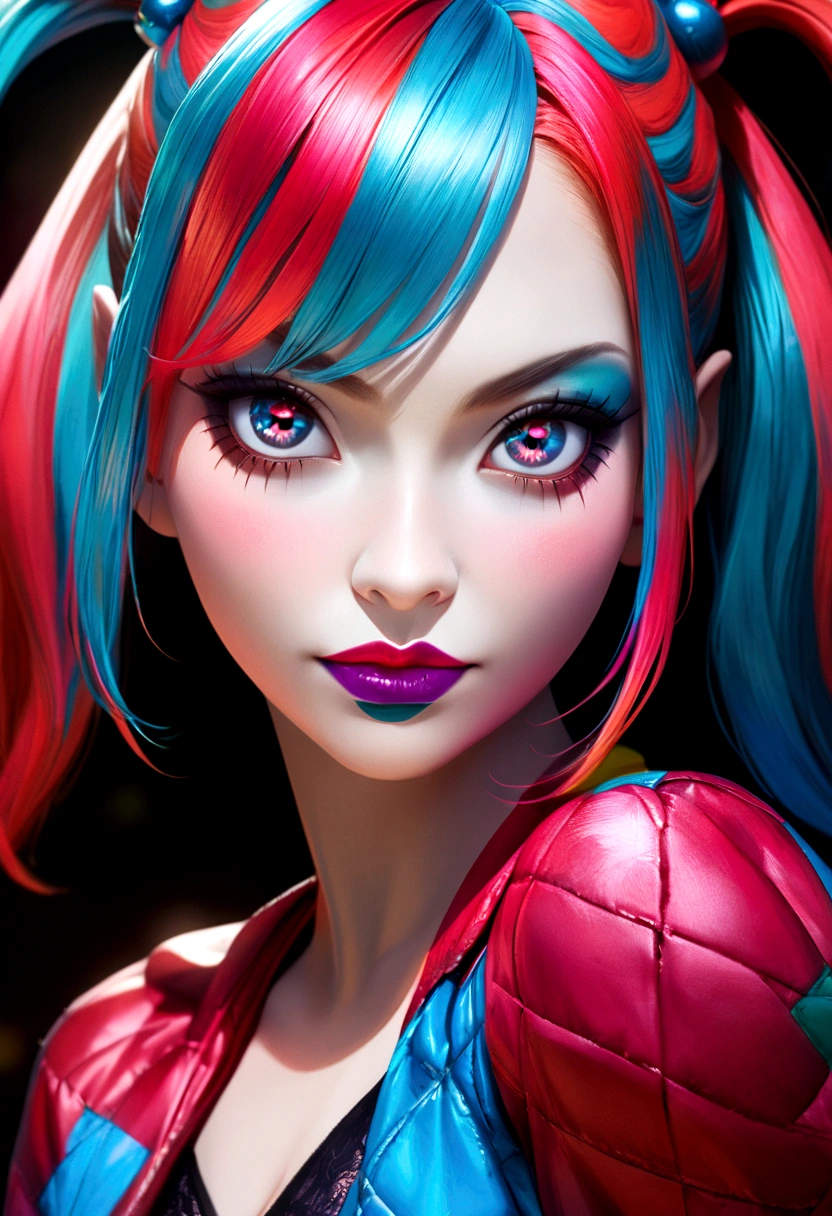 Harley Quinn, 1 girl, very aesthetic, detailed portrait, beautiful detailed eyes, beautiful detailed lips, extremely detailed face, long eyelashes, colorful outfit, red and blue pigtails, clown makeup, mischievous expression, dynamic pose, cinematic lighting, vivid colors, photorealistic, 8k, best quality, highly detailed, intricate details, concept art